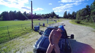 Playing with cock on truck hood