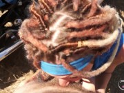 Outdoor footjob and blowjob with dreadlocks girl. Cum on the face