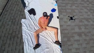 Drone caught naked male outdoors on roof jerking off nudist painting public