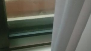 Shemale Cumming in Casino Window while Watching Workers Make Her Omlet