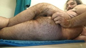 Anal orgasm by beer bottle in ass, anal self fisting: man cums hands-free