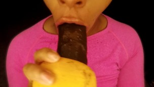 Big Tits Girl Wet Down Double Dick Dildo With Her Favorite Fruit!!!POV