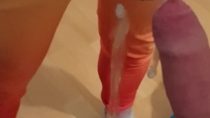 Cute Femboy in Tracer cosplay ruins orgasm onto mirror