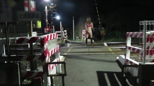 Japanese crossdresser naked exposed at the railroad crossing