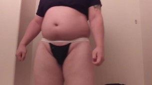 Chubby sissy teases using a jock strap