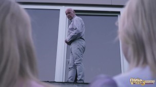 take facial cumshot after double blowjob with old man