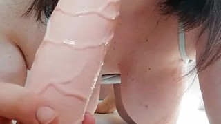 Horny Italian big bobs MILF make wet blowjob to big cock DILDO amateur girl