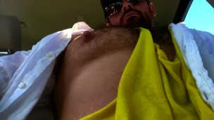 Hairy Muscle Jock Tits and Pumped Nipples in Car