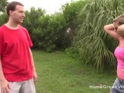 Big tit blonde amateur jerks off a cock outdoors