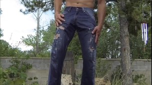 Pissing ripped jeans and a self facial