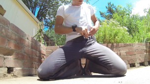Pissing my grey jeans outdoors and shooting my load