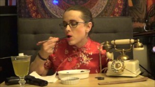 Elegant Transgirl Eating Octopus in an Alternate Timeline