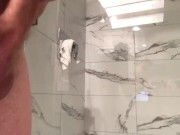 Soft cock and balls stroking in hotel bathroom