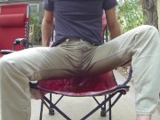 Pissing khaki pants outdoors and eating cum