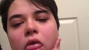 baby face femboy throats dildo while daddy's away