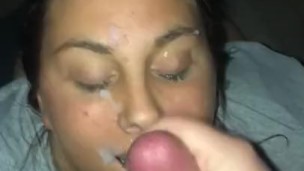 Wife sucks cock and takes massive facial and loves it