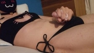 Cute femboy in cat lengerie cums