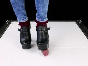 Ballbusting cock trampling and CBT in high heel boots Shoejob Sockjob POV 1/16