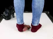 Ballbusting cock trampling and CBT in high heel boots Shoejob Sockjob POV 11/16
