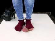 Ballbusting cock trampling and CBT in high heel boots Shoejob Sockjob POV 15/16