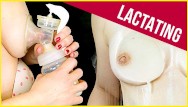 Pumping breasts while pregnant - Lactating my breast milk pumping and smearing lactation milking close up