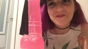 Stoner chick rides new dildo and smokes on 