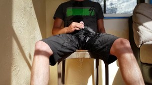 Wetting shorts outdoors and a golden shower on the porch