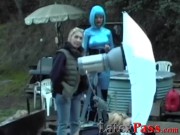 Redhead smoker tries out latex behind the scenes 14/16