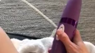 Wife pleasing herself with big black dildo while husband is at work