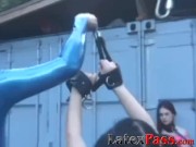 Latex Mistress Aradia restrains young dykes before toying 6/16