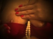 Carlycurvy in red pearl bra and red g string 12/16