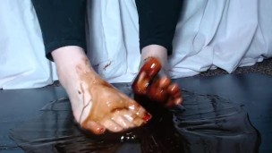 Playing in some syrup, foot fetish, sexy asmr, young female feet