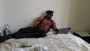 Leather hunk in chaps with gloves masturbating to porn (Paul Europe)