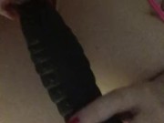 Sucking a ridged dildo in lingerie