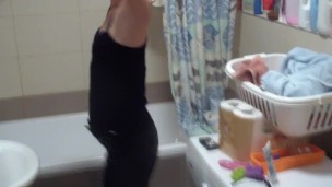 young russian woman gets erotic show in a bathroom for her client for money