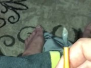 Trying to stuff little penis hole with paint brush