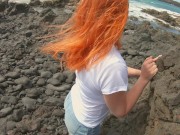 Risky Ginger Redhead Standing Fuck Creampie in Public by the Ocean Beach