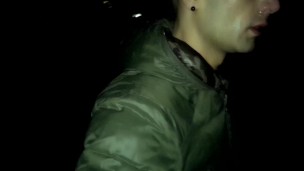 Night outdoor walking with face covered by cum and cum tasting (full vid)