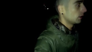 Outdoor night walking with face covered by cum and cum tasting