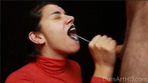 CFNM - Red turtleneck, Black lips - Handjob + Cum mouthful + Cum on clothes