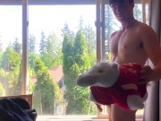 Buff horny teen can’t control himself and fucks a pillow pet!
