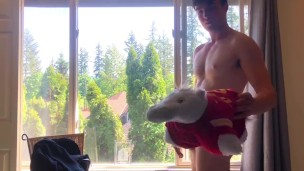 Buff horny teen can’t control himself and fucks a pillow pet!