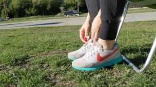 Shoeplay with sneakers at the park -- Preparing smelly socks for shipping