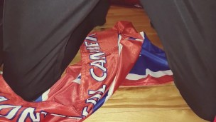 Cumming through Adidas track pants