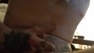 Jerk off, self suck, inked guy.