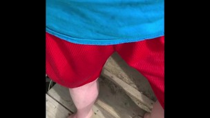 Peeing my Red Shorts on the Porch