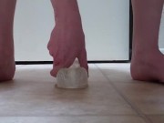 Petite teen with butt plug rides dildo on the bathroom floor!