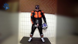 RubberBikerPup with new FOX Comp R boots and protective gear