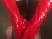 Nurse gives me a handjob in long red latex gloves 9/16