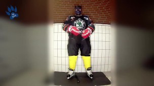 Rubber hockey pup pawing off